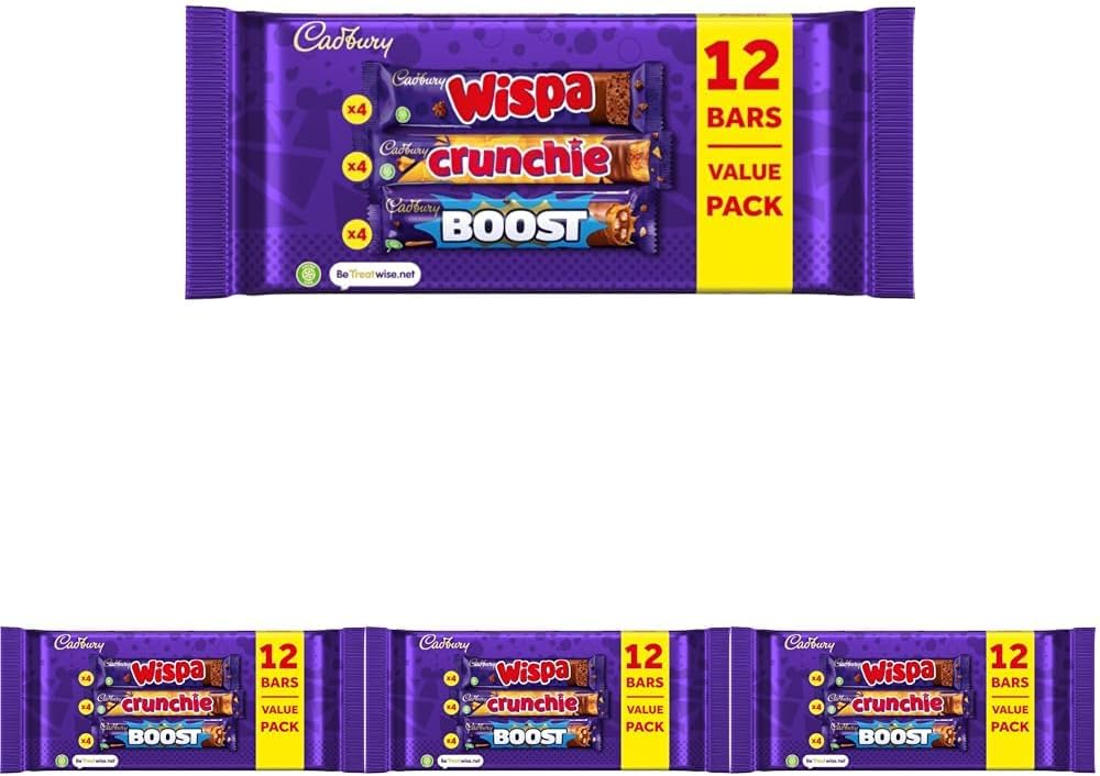 Cadbury Chocolate Bars Value Pack, Includes 4 x Boost's, 4 x Crunchie's & 4 x Wispa's, 12 Bars Pack of 4