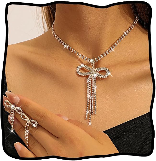 JEAIRTS Rhinestone Bow Jewelry Set Bling Crystal Necklace Sets for Women