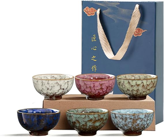 Chinese Ceramic Kung Fu Tea Set of 6, Japanese Tea Cup, Sake Cup,Sake Sets Ceramic Tea Cup, Ceramic Tea Set,Blue gift box packaging