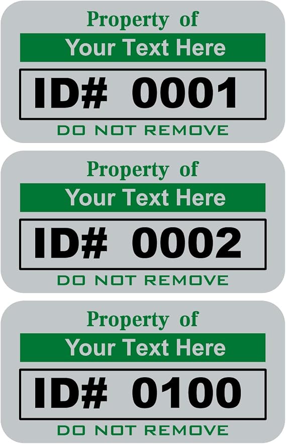 Custom Asset Tags for Equipment Numbered, Permanent, Adhesive, Metalized Silver Polyester - 2x1 Inches (100, Green)