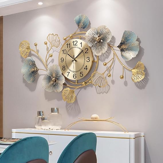 Large Wall Clock,Clocks for Living Room,Silent Wall Clock,3D Creative Metal Ginkgo Leaf Design, for Bedroom Kitchen Decorative Wall Clocks (Blue Gold, 32‘’x18‘’/83x48cm)