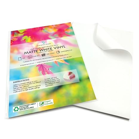 Evergreen Goods A4 White Matte Self-Adhesive Sticker Paper Vinyl 20 Sheets | Inkjet & Laser Printers | 80gsm Sticky Back | Printable HD Graphics DIY Stickers | Waterproof Labels for Crafts & Office
