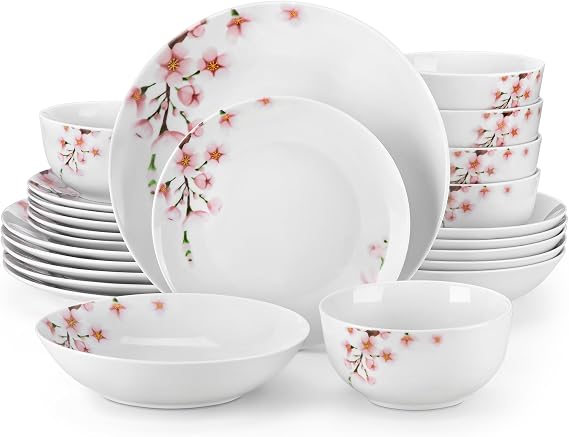 VEWEET 24 Piece Ceramic Plates Bowls Set for 6, Pink Floral Dishes, ANNIE | Porcelain, Stackable, Space-Saving Dinnerware Set, Microwave & Dishwasher Safe, Classic Style for Casual and Formal Dining