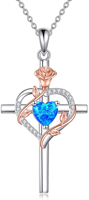 Rose Cross Necklace 925 Sterling Silver Heart Crucifix Pendant Birthstones Jewelry Gifts for Women