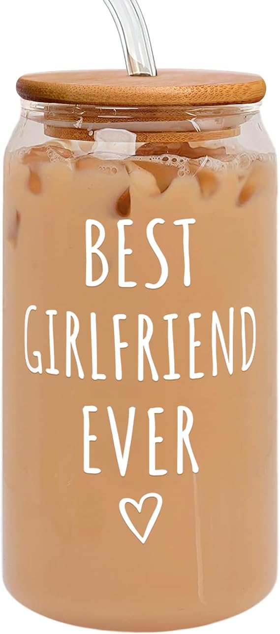 Gifts for Girlfriend - Girlfriend Gifts for Women - Anniversary, Valentines Day, Birthday, Christmas Gift for Her - Romantic Love Gift Ideas for Her - 16 Oz Can Glass with Lid, Straw & Brush