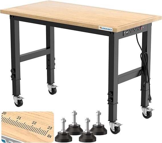 LARBANKE 48" Adjustable Workbench,Rubber Wood Workstation with Graduated Lines,Heights from 33.5 to 41.3,2000 LBS Load Capacity Hardwood Worktable,Heavy Duty Workbenches with Wheels and Foot Pads