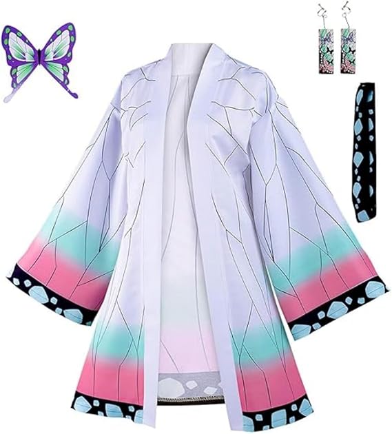 Men Women Anime Cosplay Robe Color Block Kimono Cardigan Jacket Earrings Set