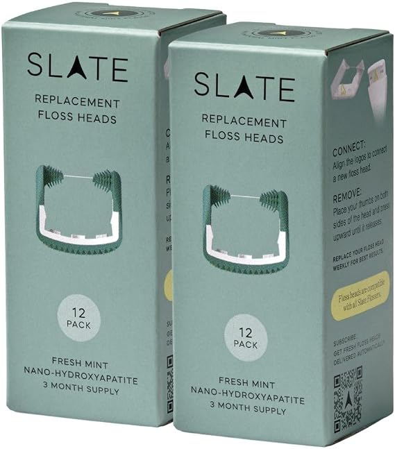 Slate Flosser Refills - Reusable Woven Floss, PFAS-Free, Non-Toxic Dental Floss | Fits Slate Electric Flosser wTongue Scraper & Gum Sweeps | 24-Pk Mint Nano-Hydroxyapatite nHa Floss Heads