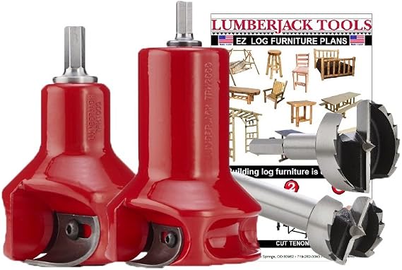 Lumberjack Tools Tenon Cutter Kit for Log Furniture, 1" & 2" Cutters & Forstner Bits, Home Series Powder Coated Aluminum, 1/2" Shank, Dual Blades Create a Radius Shoulder Profile, Made in USA