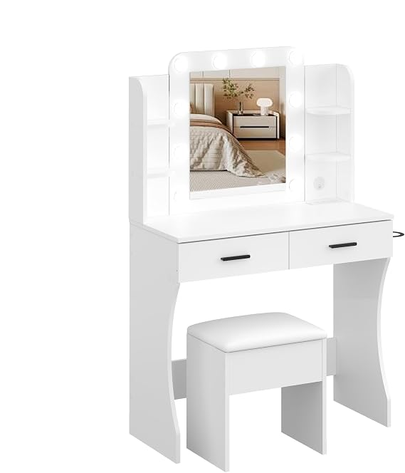 Panana Vanity Desk Set with Mirror, LED Lights and Power Outlet Makeup Table with 2 Large Drawers and Round Holder, Dressing Table with Cushioned Stool for Bedroom, Dressing Room (White)