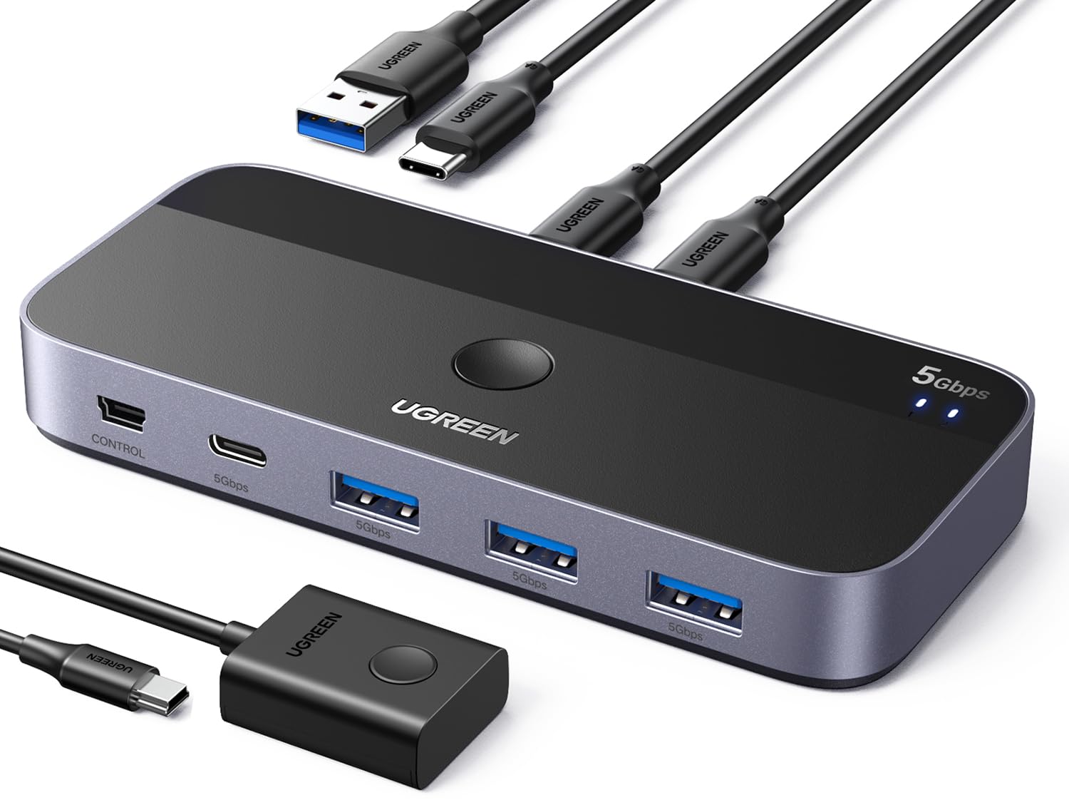 UGREEN 3.0 Switch - 2PC Share USB-C and 3 USB-A Devices with A to C & C to A Cables and Desktop Controller for Keyboard, Mouse, Printer, Storage