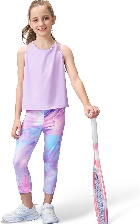 Gogokids Girls' Activewear Workout Set 2 Piece Athletic Sets Sleeveless Mesh Tank Tops and Capris Leggings Yoga Pants 5-12Y