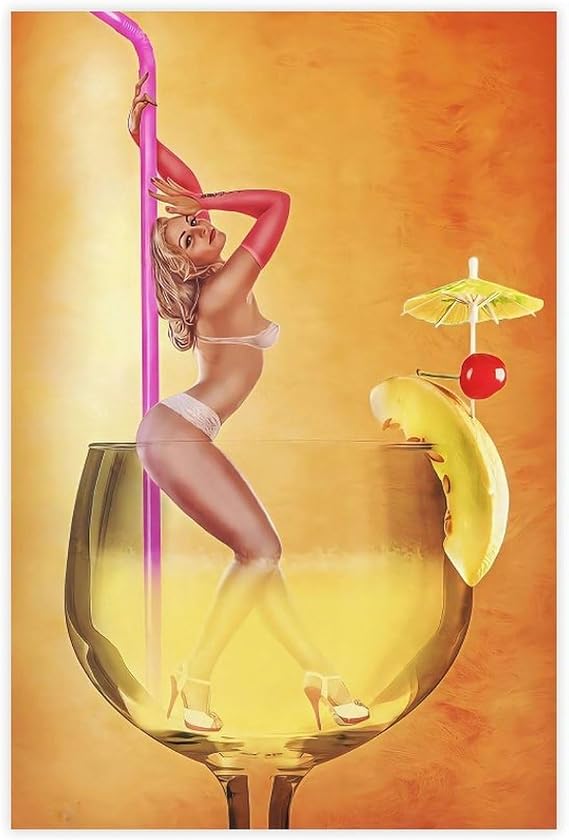 YFET Fashion Bikini Girl in Cocktail Glass, Retro Alcohol Poster Canvas Poster Bedroom Decor Sports Landscape Office Room Decor Gift Unframe 12x18inch
