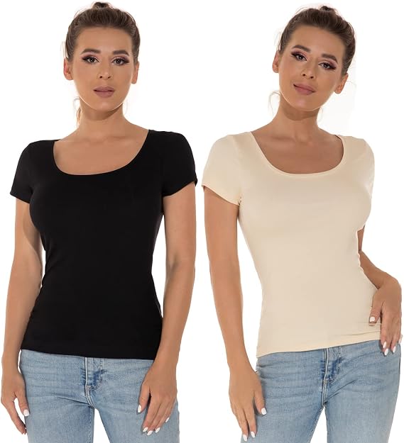 Mcilia Women's Ultrathin Stretch Scoop Neck T-Shirt 2-Pack