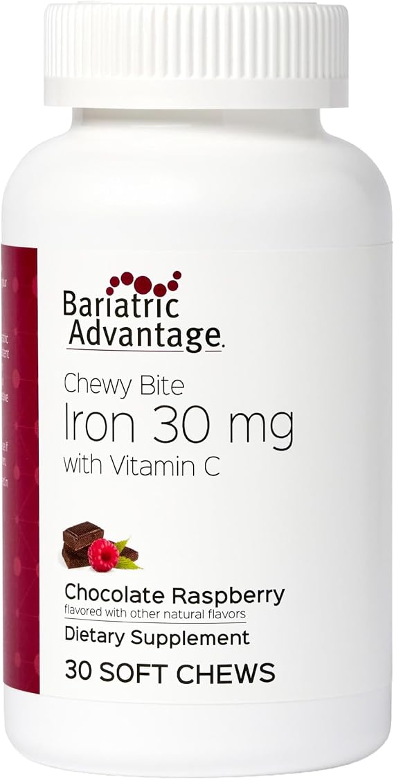 Bariatric Advantage Iron 30 mg Chewy Bite with Vitamin C - for Bariatric Patients - Sugar-Free - Chocolate Raspberry - 30 Count