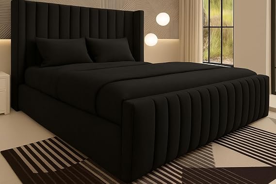 Luxury Chesterfield Winged Panel Bed Frame |- Double King Superking Sizes - Optional Gas Lift & Mattress - UK Made (Black Plush, King 5ft Bed Frame)