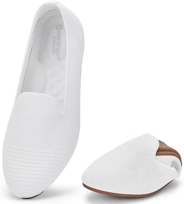 poemlady Womens Ballet Flat Shoes Dress Knit Round Toe Slip On Ballerina Walking Flats Shoes for Woman Casual Comfort Soft, A/White 11