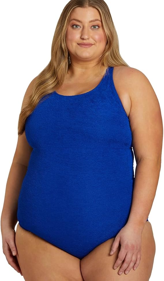 Sporti Plus Size Women's Athletic Textured High Neck One Piece Slimsuit | Colorblock, Chlorine Resistant, Tummy Control, H-back, Shelf Bra, Soft Cups, Moderate Coverage, Shapewear, Water Aerobics