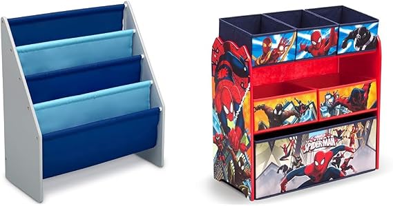 Delta Children Sling Book Rack Bookshelf Grey/Blue and Spider Man Toy Organizer with Engineered Wood Bins