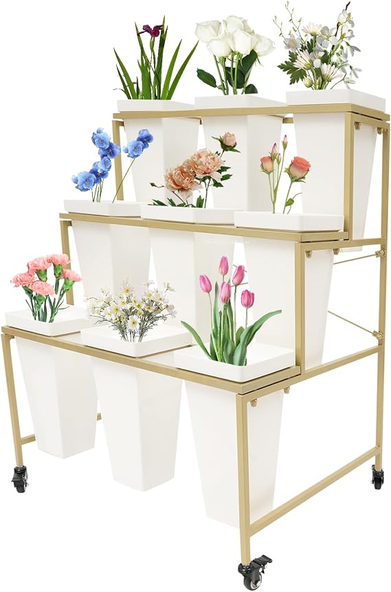 3-tier Moving Flower Display Bucket Stand, Heavy Duty Plant Stand Display Rack,Flower Cart with Wheels,for Flower Store Patio Balcony (Gold+White with 9 Buckets)
