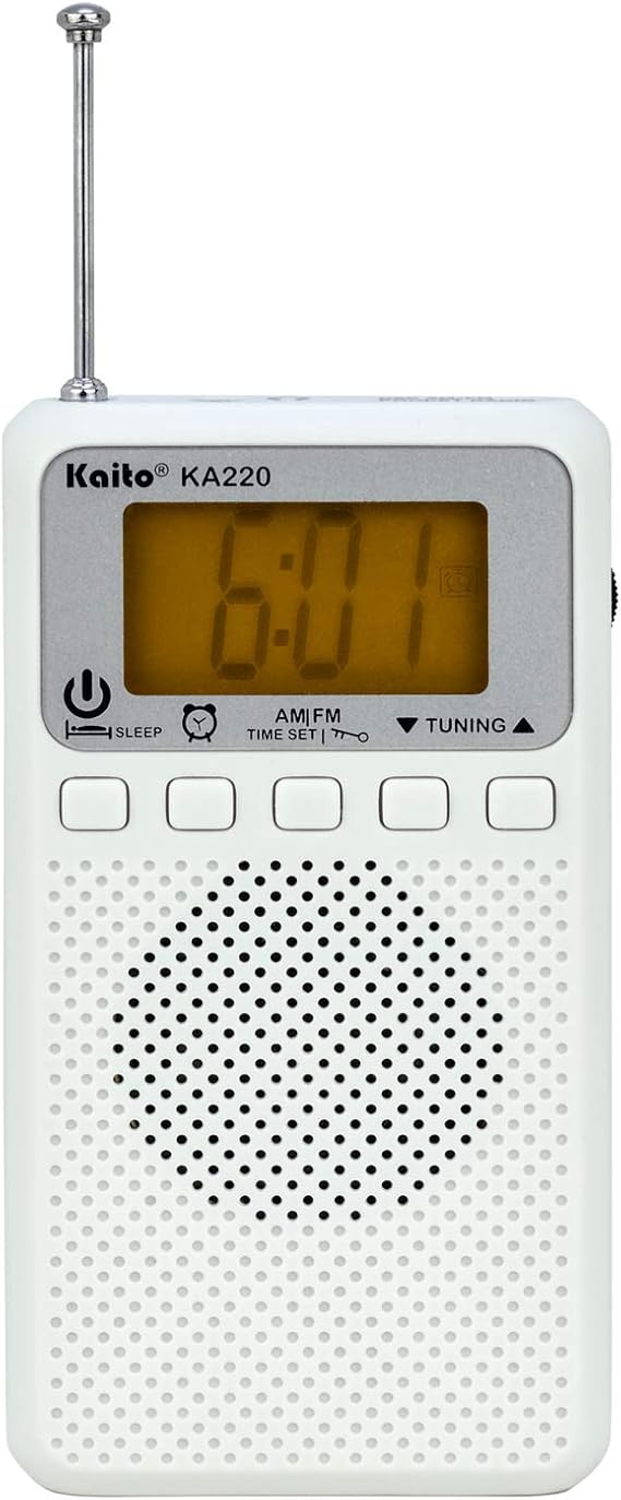 Kaito KA220W Pocket Digital AM/FM Radio with Alarm Clock & Sleep Timer, White