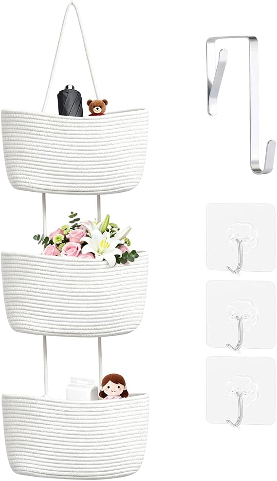 Wall Hanging Cotton Baskets, 3-Tier Woven Cotton Wall Basket,Woven Rope Over The Door Storage Wall Mount Hanging Cotton Baskets for Bedroom, Bathroom & Livingroom (White)