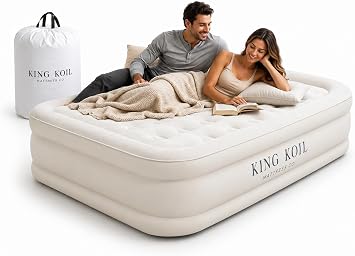 King Koil Luxury Queen Air Mattress with Built-in Pump for Home, Camping & Guests - Queen Size Inflatable Airbed Luxury Double High Adjustable Blow Up Mattress, Durable Portable Waterproof