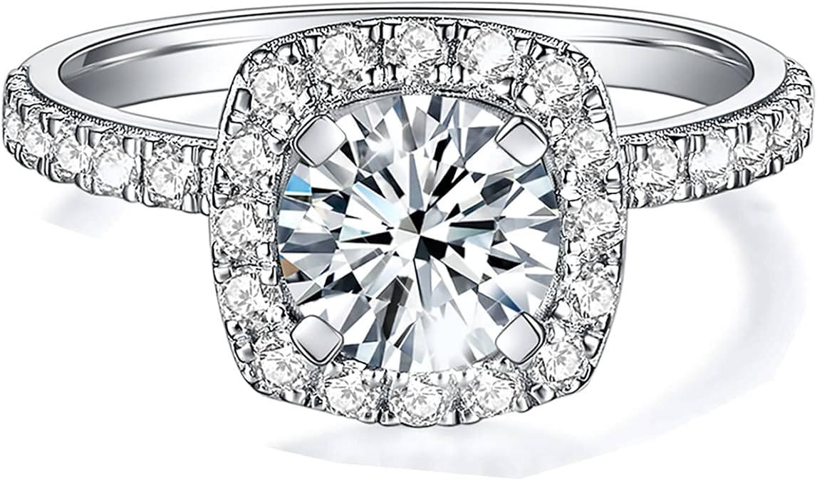 IMOLOVE Solitaire Engagement Rings for Women Halo Ring Promise Rings for her Sterling Silver plated with 18K White Gold Rings for Women 1.64ct D Color VVS1 Clarity Moissanite Size 4-11