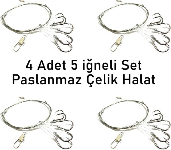 Valkyrie 5 İğneli Paslanmaz Çelik Halatlı Dip Hırsız Olta Takımı 4’lü Set – 6# Karbon Çelik İğne