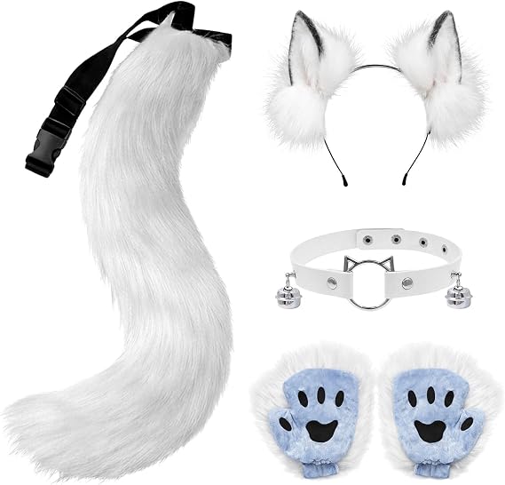 Xerteam 5-Piece Furry Fox Costume Set for Adults Plush Fox Ears Headband