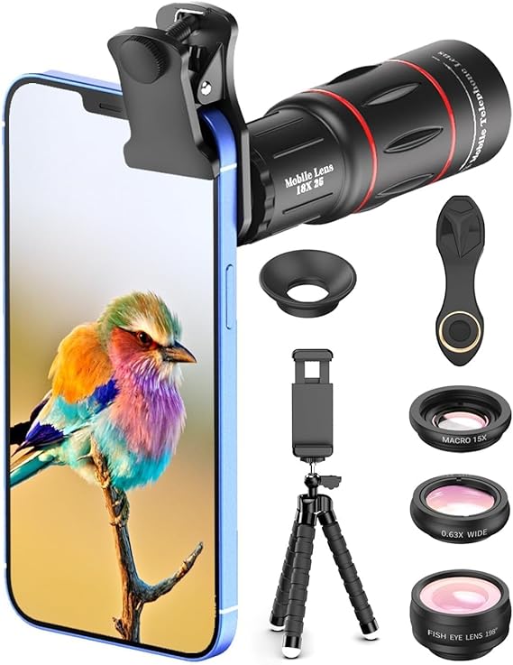 APEXEL 4 in 1 Phone Photography Kit, 18X Telephoto Lens, 198 Fisheye Lens, 15X Macro Lens, 0.63X Wide Angle Lens, Set with Flexible Phone Tripod, for iPhone Samsung Pixel