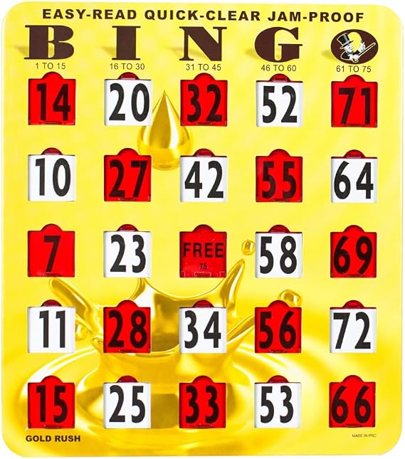 MR CHIPS Jam-Proof Easy-Read Quick-Clear Large Print Fingertip Slide Bingo Cards with Sliding Windows 25 Pack in Gold Rush Style