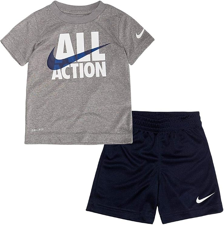 Nike Boy`s Dri-Fit T-Shirt & Shorts 2 Piece Set (Obsidian(76F028-695)/White, 6)