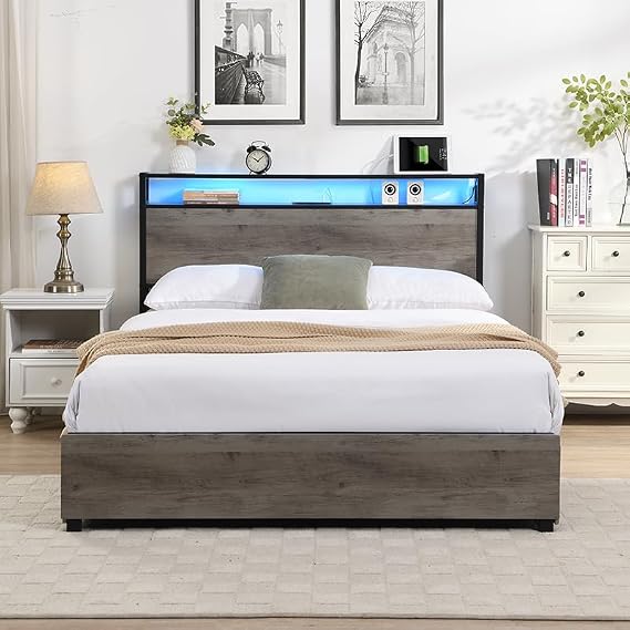 Full Size Bed Frame with Storage Drawers, Platform Bed Frame with Storage Headboard, Metal Bedframe with Charging Station and LED, No Box Spring Needed, Noise Free, Easy Assembly (Antique Gray, Full)