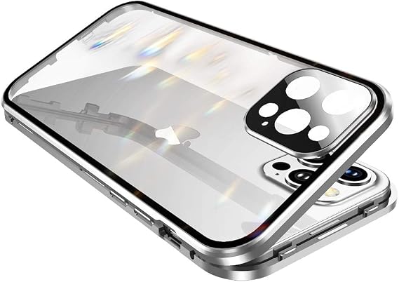 Safety Lock & Strong Magnetic adsorption for iPhone 14 Pro case Camera Lens Protector Metal Bumper 360 Full Body Protection Double-Sided Tempered Glass (iPhone14Pro, Silver)