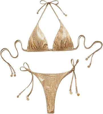 SHENHE Womens Metallic String Thong Bikini Set Triangle Halter 2 Piece Brazilian Swimsuit