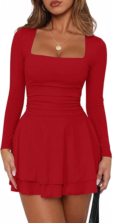 Women's Ruffle Hem Long Sleeve Mini Dress(Red,Medium) | Square Neck, Ruched Waist, A Line, Stretchy Corset Short Party Dresses