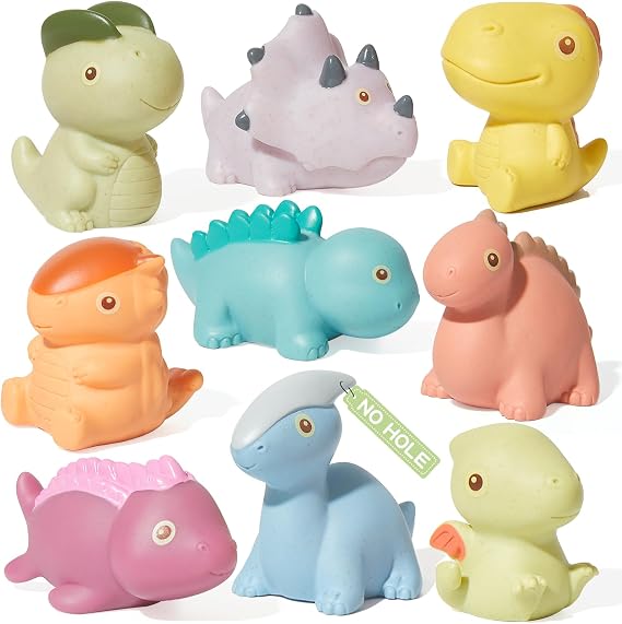 AMCHSURI Mold Free Bath Toys, Dinosaur 9 Pack |Cute, Not Hold Water Design | Soft, Squeezable & Float on Water | Safe Non-Toxic Easy-Grip Bath Toys Toddlers 2-4 | Great Baby Bathtub Pool Water Toys