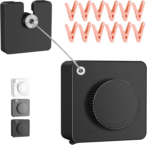 15.7Ft Retractable Clothesline Indoor is Also an Anti-sag Retractable Clothesline Outdoor,Stainless Steel Wire Laundry line Retractable for Drying Clothes ,with 12 Clip (Black)