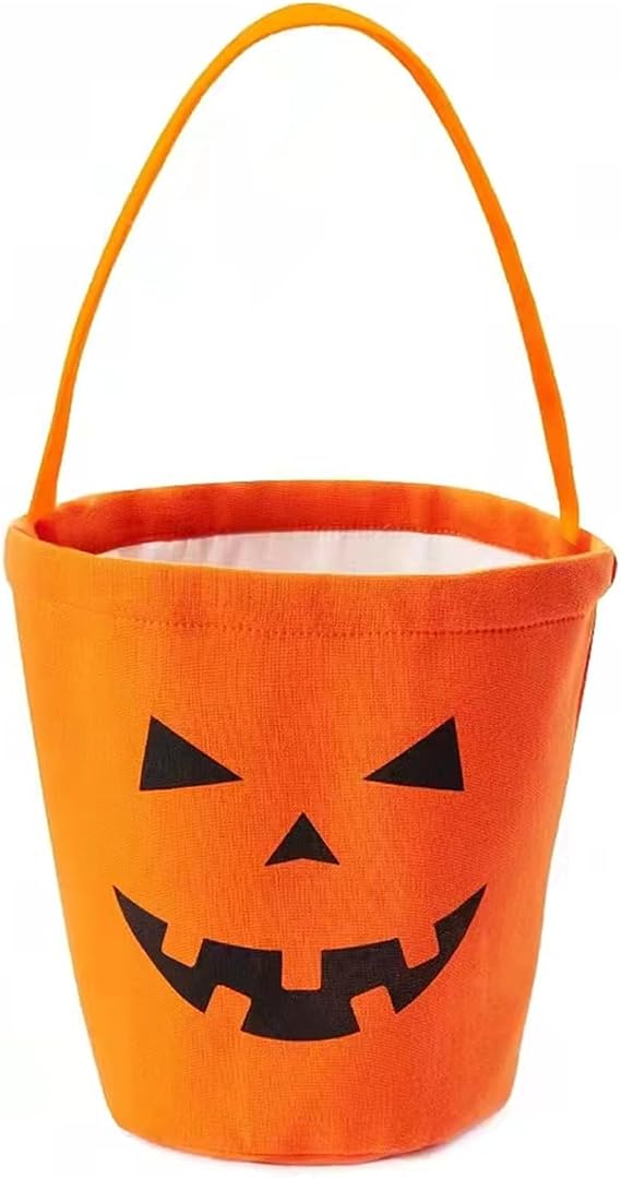 Halloween Baskets Canvas Halloween Buckets Halloween Trick or Treat Bags Candy Tote Buckets Pumpkin Buckets w. Handle for Halloween Party Favor Supplies (Orange Pumpkin)