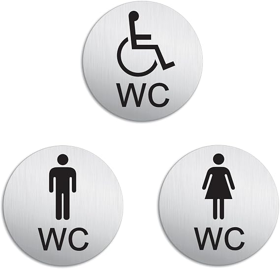 Toilet Signs WC Women Men Handicapped Set of 3 Ø 100 mm brushed Aluminium self-adhesive