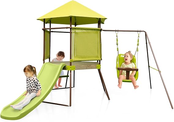 Costzon Swing Sets for Backyard, 4-in-1 Heavy Duty Metal Swing Set with Slide, Baby Swing, Upper Deck with Canopy, Climbing Ladder, Outdoor Playset for Playground, Gift for Kids Toddlers