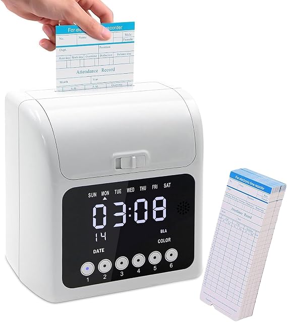 Time and Attendance Recorder, Clocking In Machine with LED Back-light Screen and 50 Pcs Cards, Timing Ringing Function and Built In Battery, Record Precisely for Companies, Factories, Hospital