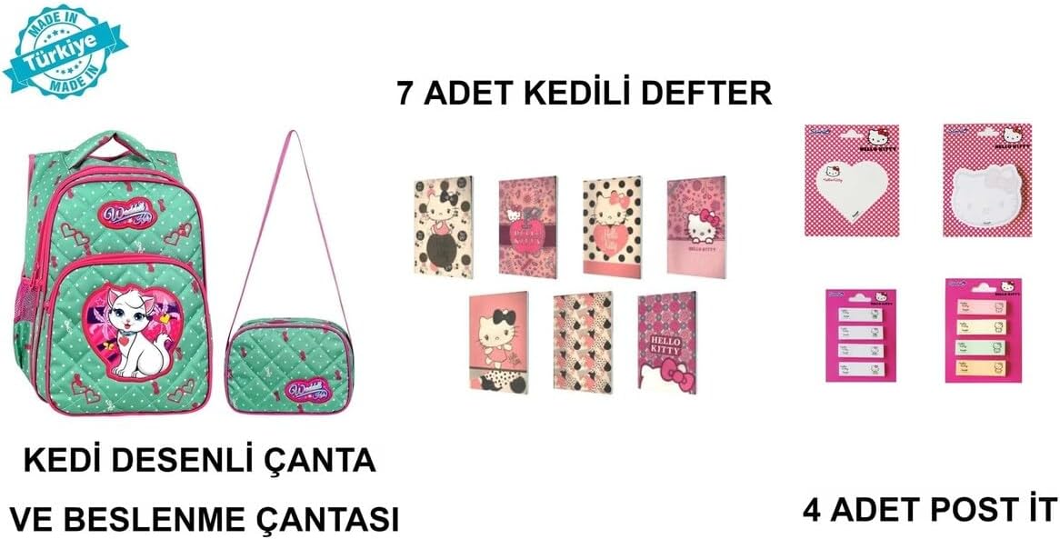 Kedi Sever Okula Başlangıç Seti, 13 Parça, Çok Renkli, Okul Çantası