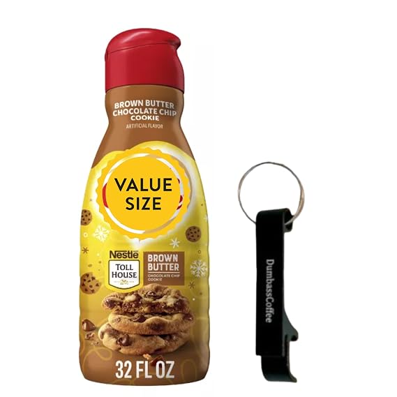 Premium Liquid Coffee Creamer, 32 fl oz Liquid Non-Dairy Creamer for Coffee with D.A. Coffee Bottle Opener Keychain (Brown Butter Chocolate Chip Cookie) Keychain
