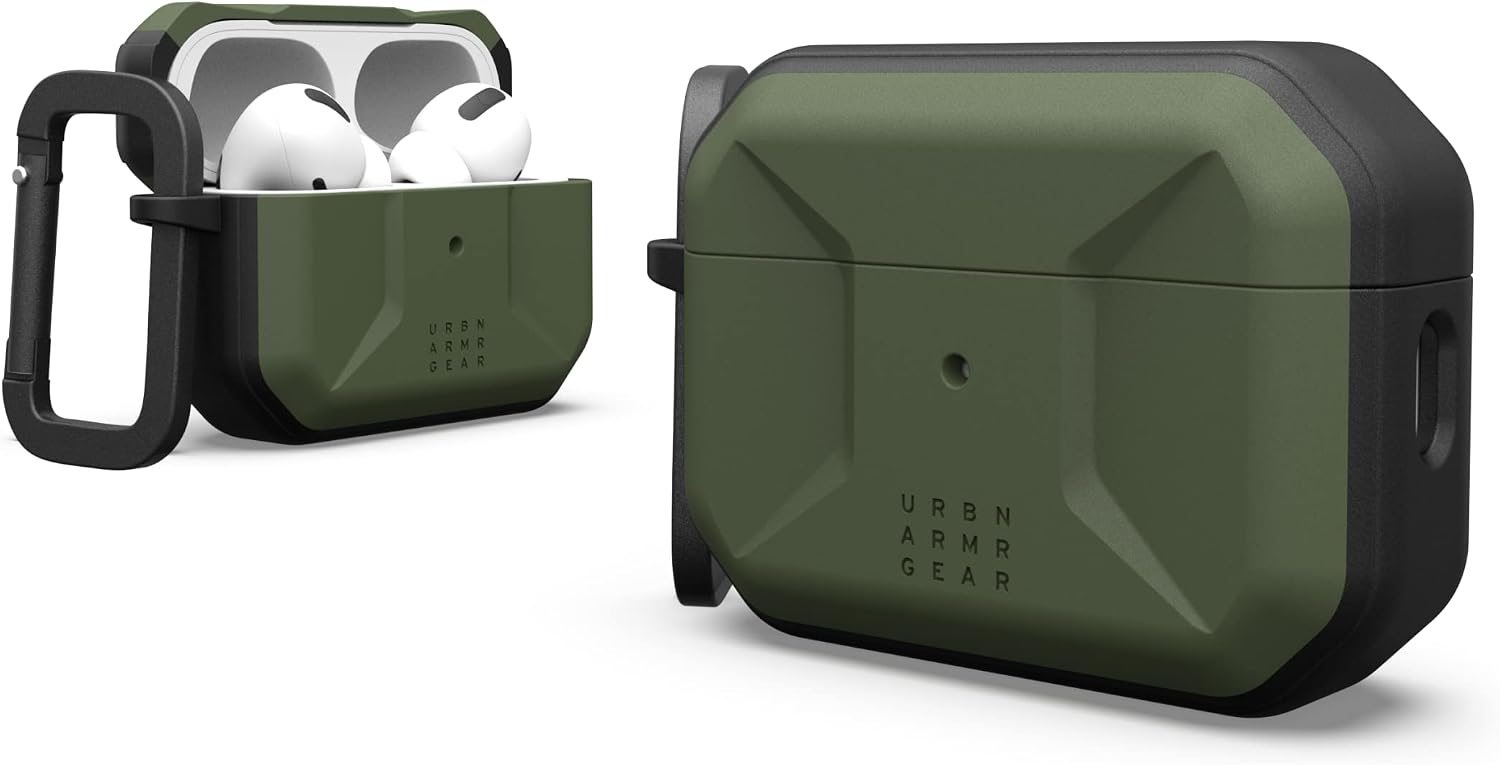 UAG Designed for AirPods Pro 2nd Gen 2022 Civilian Olive Drab, Premium Rugged Slim Water Resistant Full Protective Case Cover with Detachable Keychain Carabiner by URBAN ARMOR GEAR