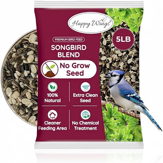 Happy Wings 5LB Songbird Blend Bird Food, Sunflower, Safflower, Peanuts