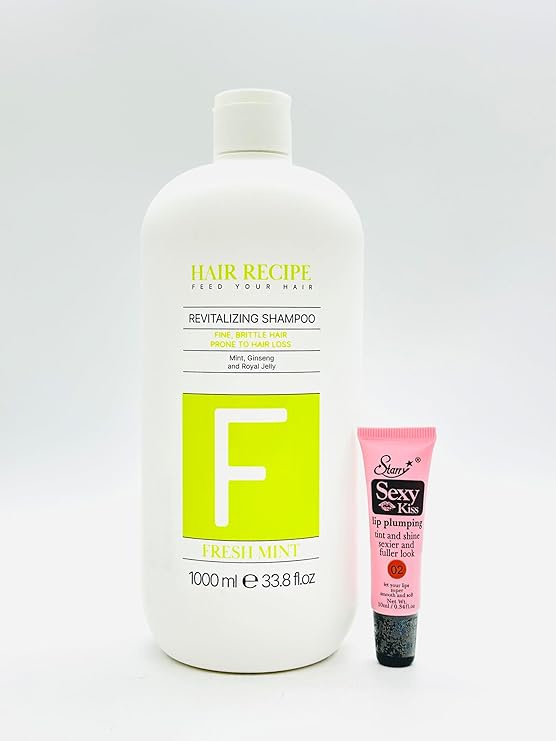 Hair Recipe Feed Your Hair Fresh Mint Revitalizing Shampoo for Fine, Brittlr Hair Prone to Hair Loss 1000 ml /33.8 fl oz - Free Starry Lip Gloss 10ml