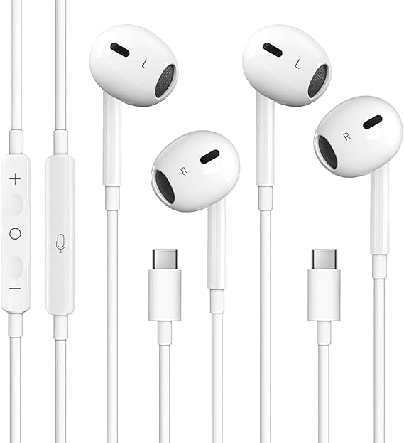 2 Packs USB C Headphones for iPhone 17/16/15, Noise Reduction Built-in Mic & Volume Control Headsets, Type C Earphones for Galaxy S24/S23/S22/S21/S20/Ultra Note 10/20, for Pixel 8/7/6/6a/5/4, White