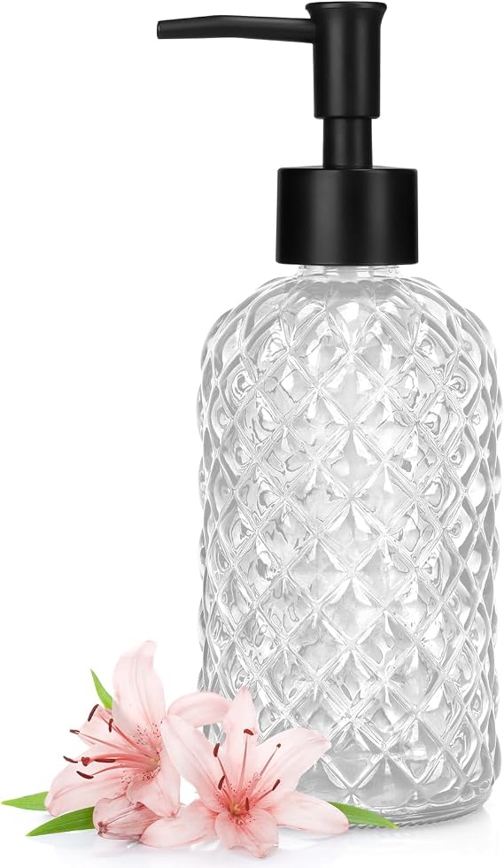 1 Pack 13.5oz Glass Soap Dispenser with Plastic Pump, Diamond Design Refillable Hand Soap Dispenser for Hand Wash, Bathroom and Kitchen (Clear)